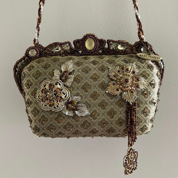 Mary Frances Green & Gold Floral Beaded Hard Case Hand Bag Purse Embellished JL - Picture 1 of 16